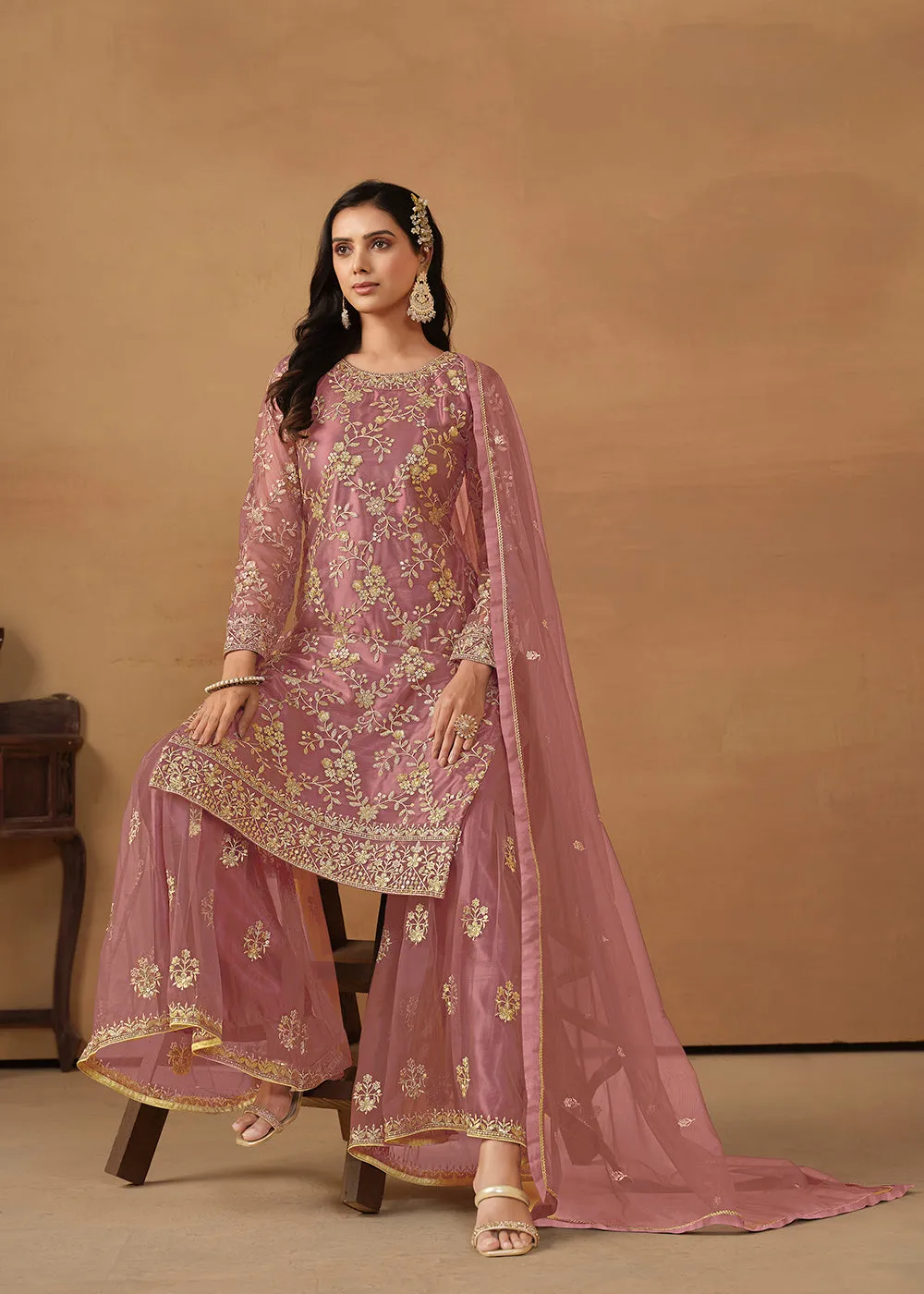 Old Rose Net Embroidered Wedding Festive Gharara Suit