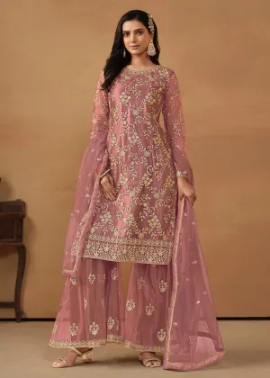 Old Rose Net Embroidered Wedding Festive Gharara Suit