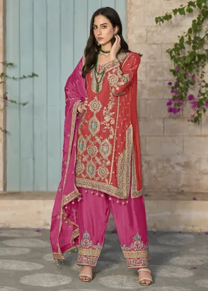 Orange & Pink Pure Chinnon Embroidered Afghani Style Dress