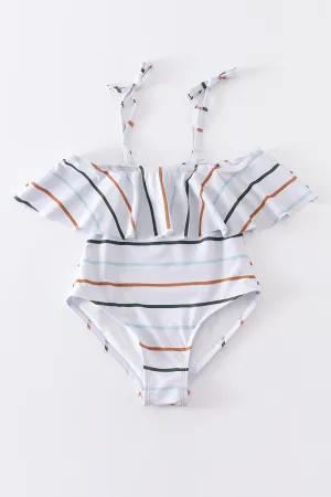 Organic rainbow stripe strap girl swimsuit one piece UPF50 