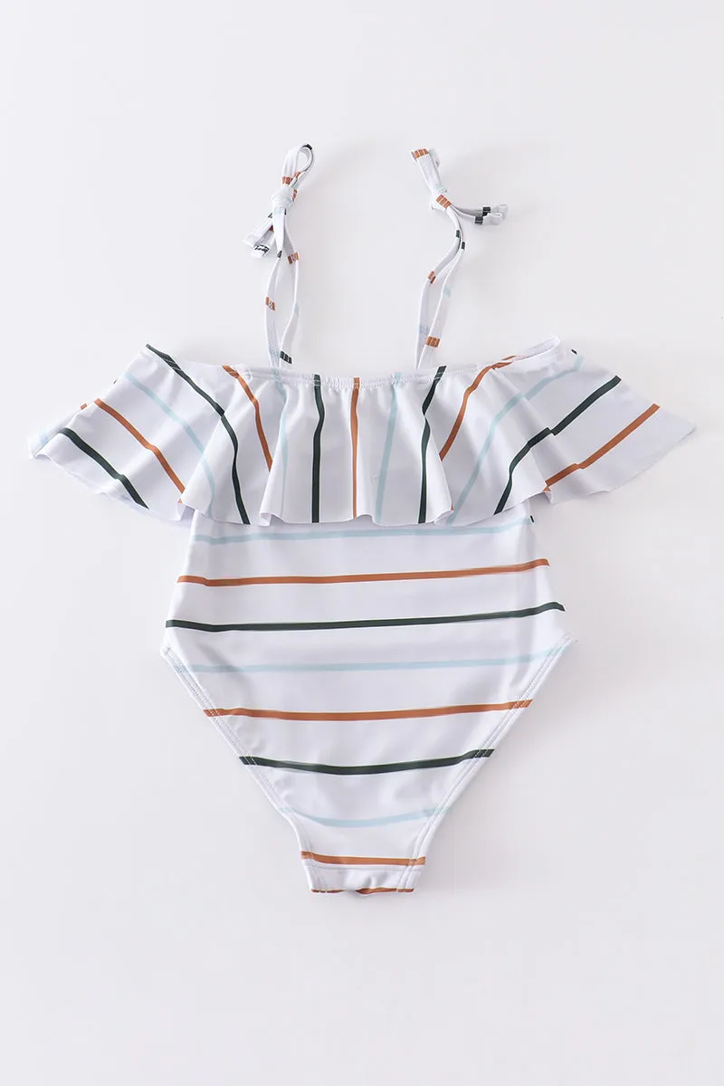 Organic rainbow stripe strap girl swimsuit one piece UPF50 