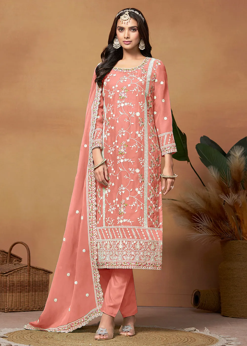 Pakistani Style Peach Embroidered Organza Salwar Suit