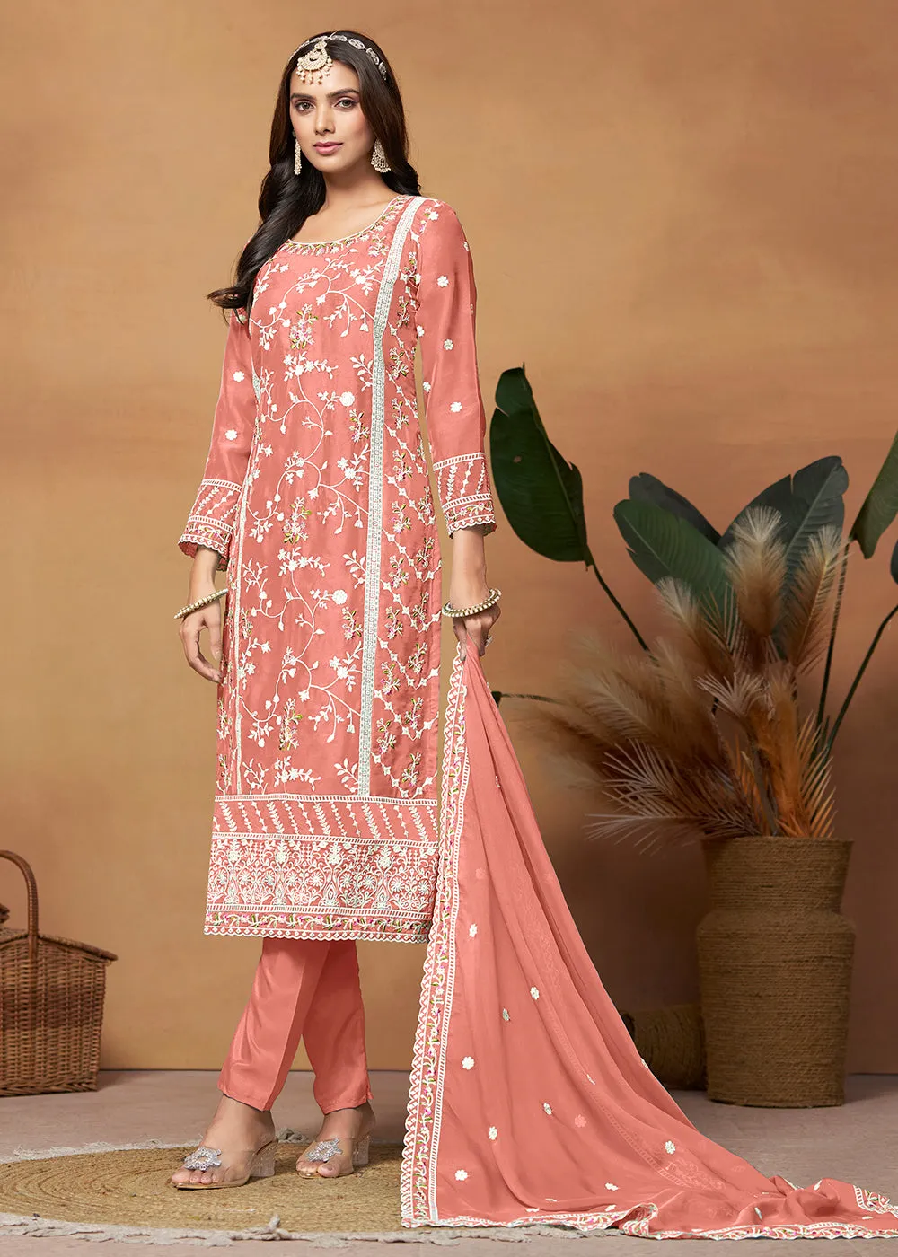 Pakistani Style Peach Embroidered Organza Salwar Suit