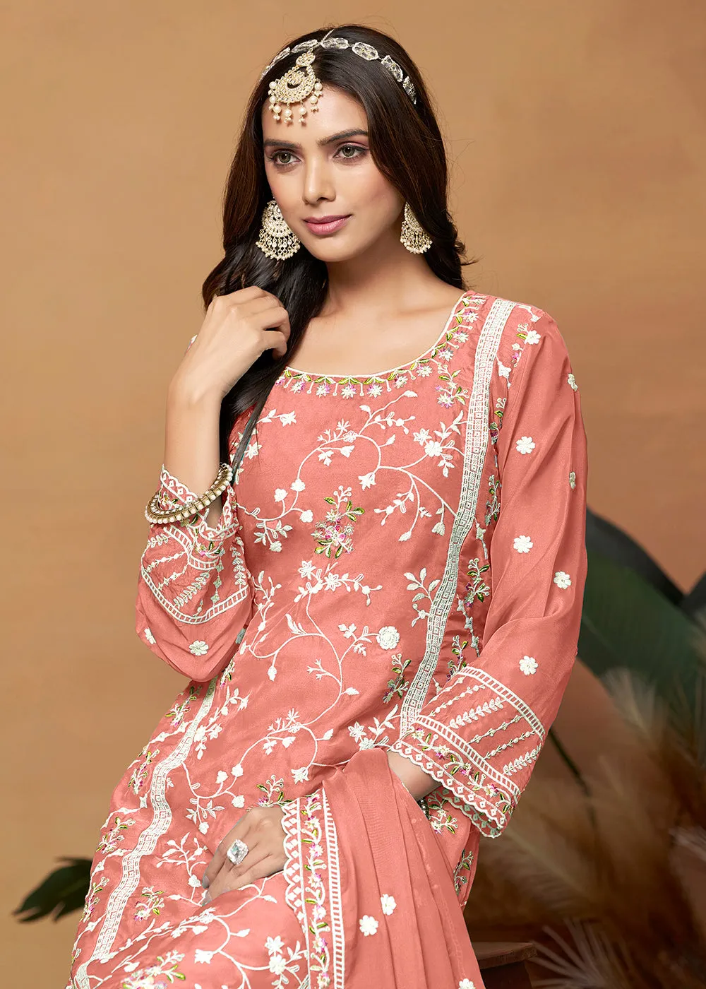 Pakistani Style Peach Embroidered Organza Salwar Suit