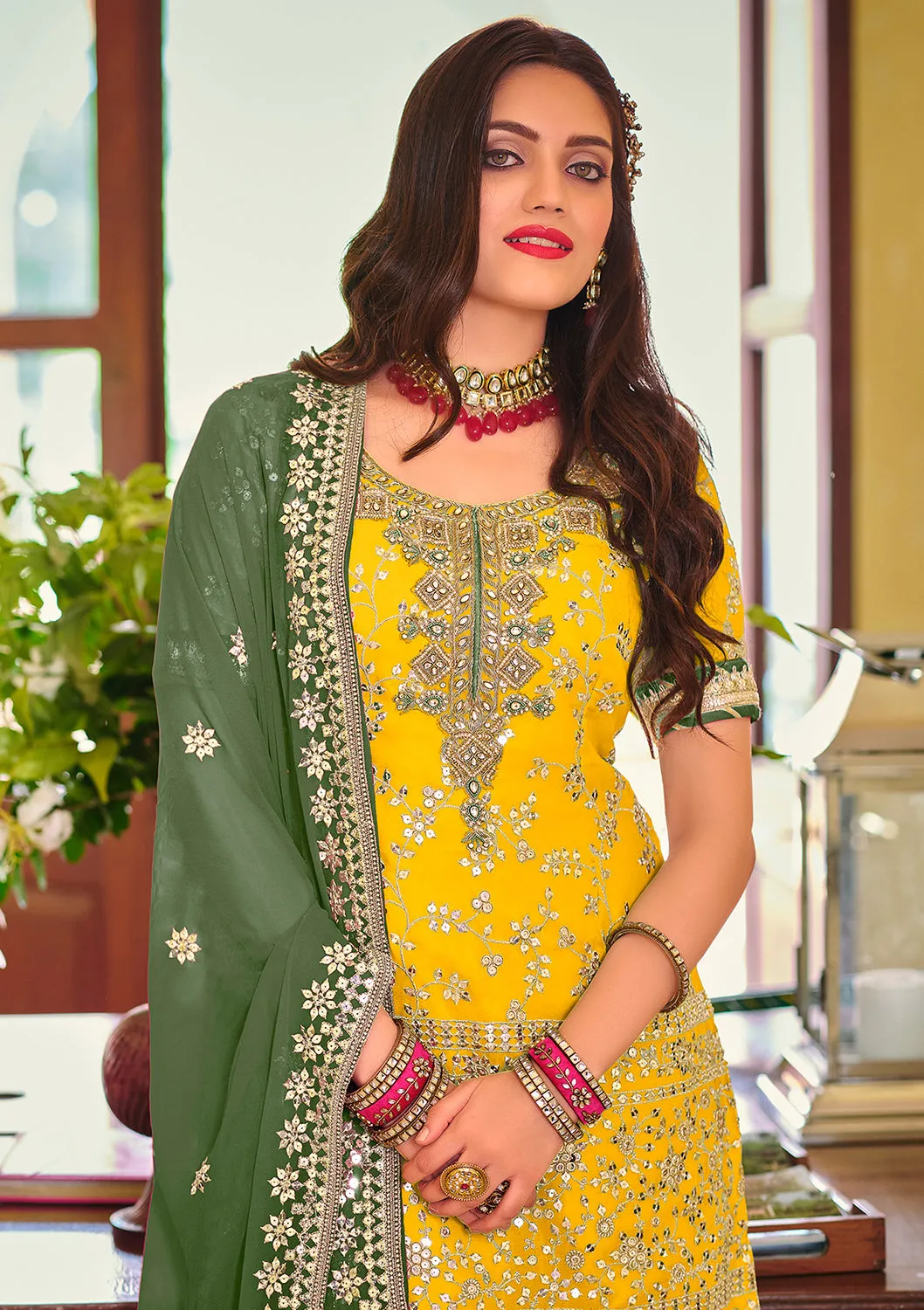 Palazzo Style Bright Yellow Embellished Georgette Suit