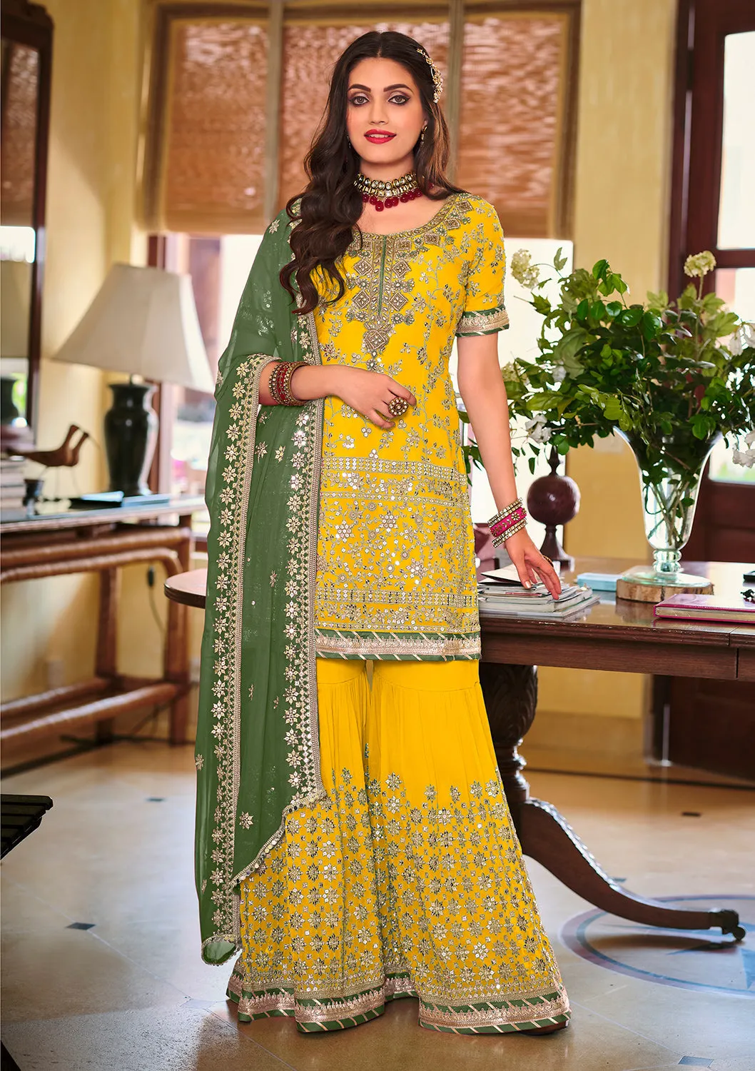 Palazzo Style Bright Yellow Embellished Georgette Suit