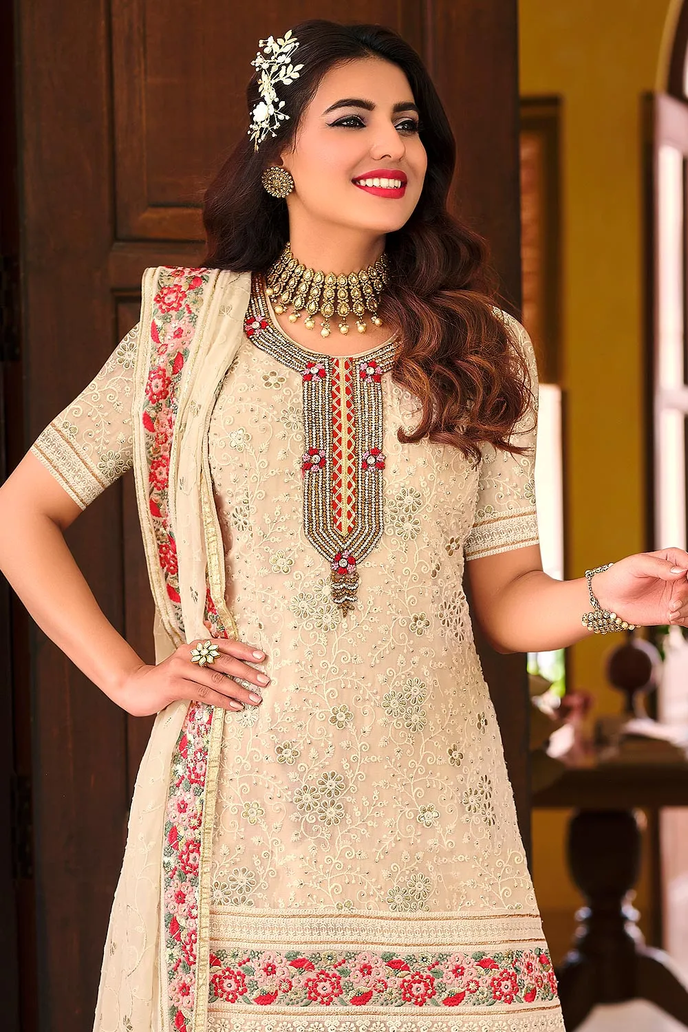 Palazzo Style Cream Embellished Georgette Suit