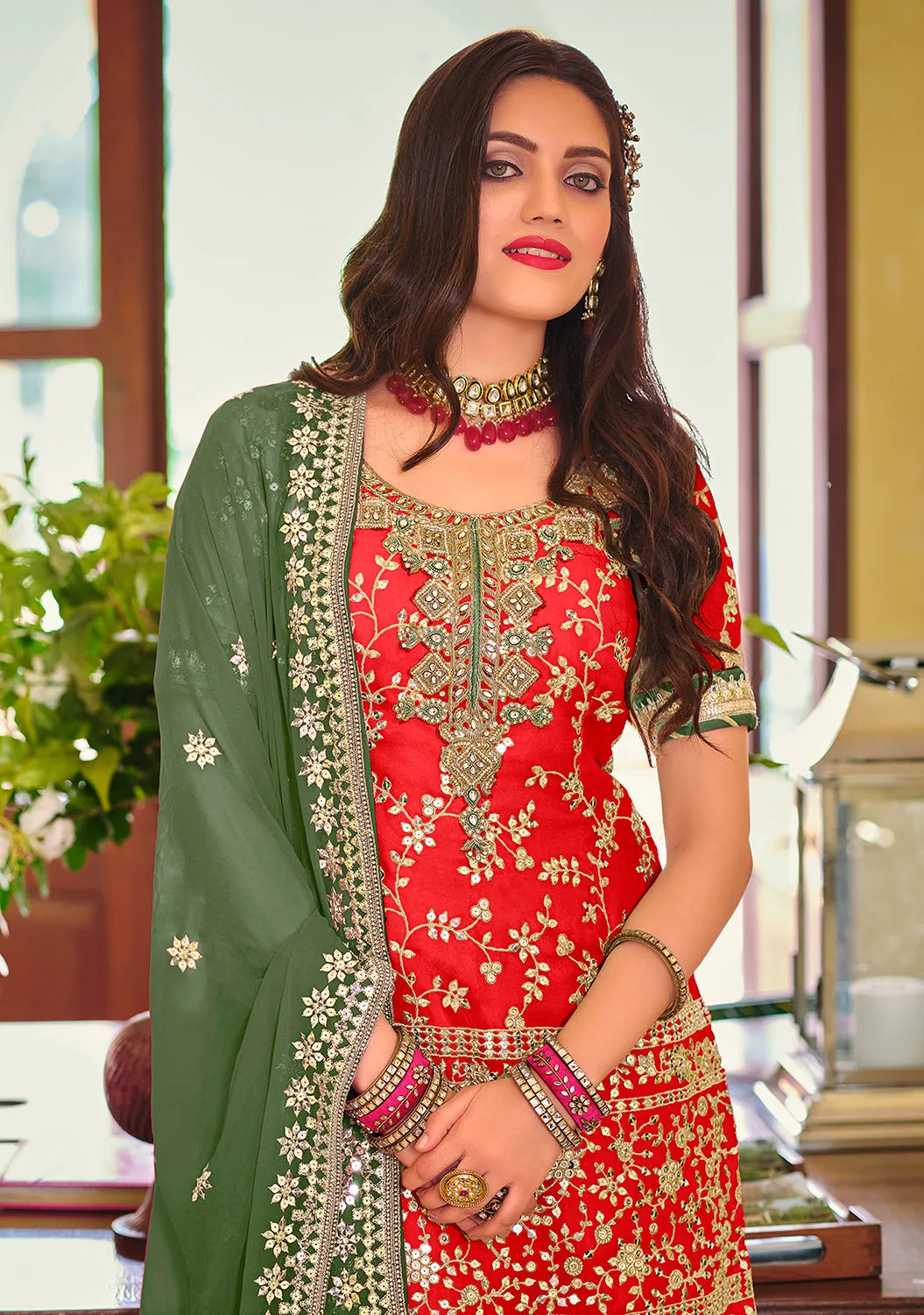 Palazzo Style Crimson Red Embellished Georgette Suit