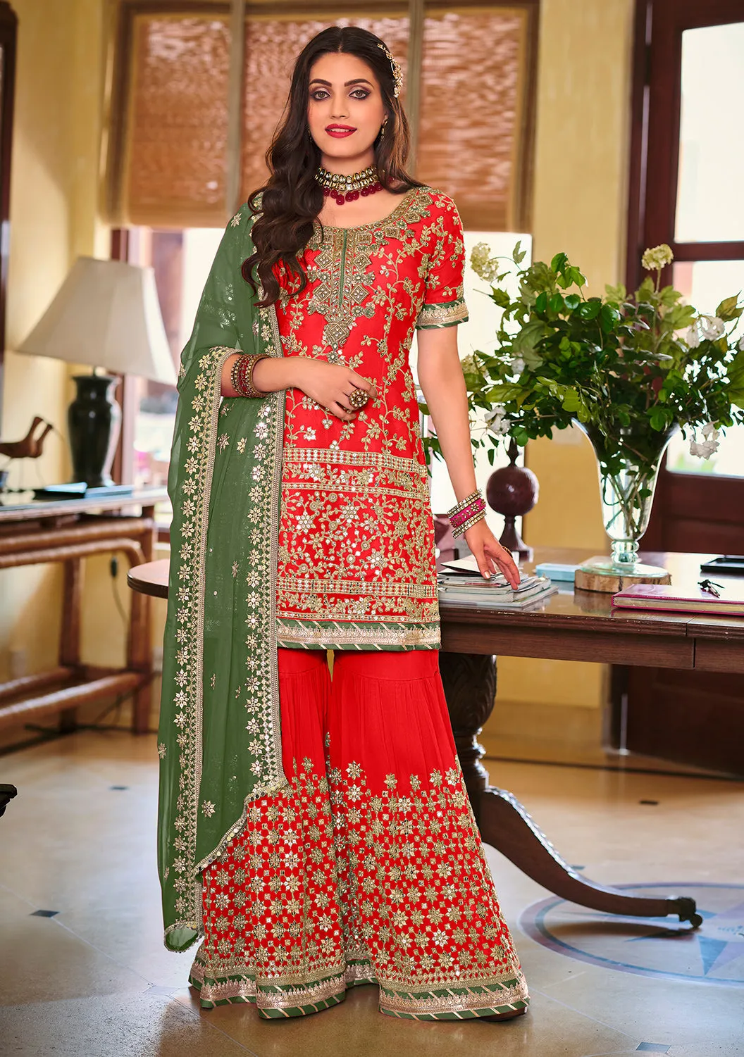 Palazzo Style Crimson Red Embellished Georgette Suit