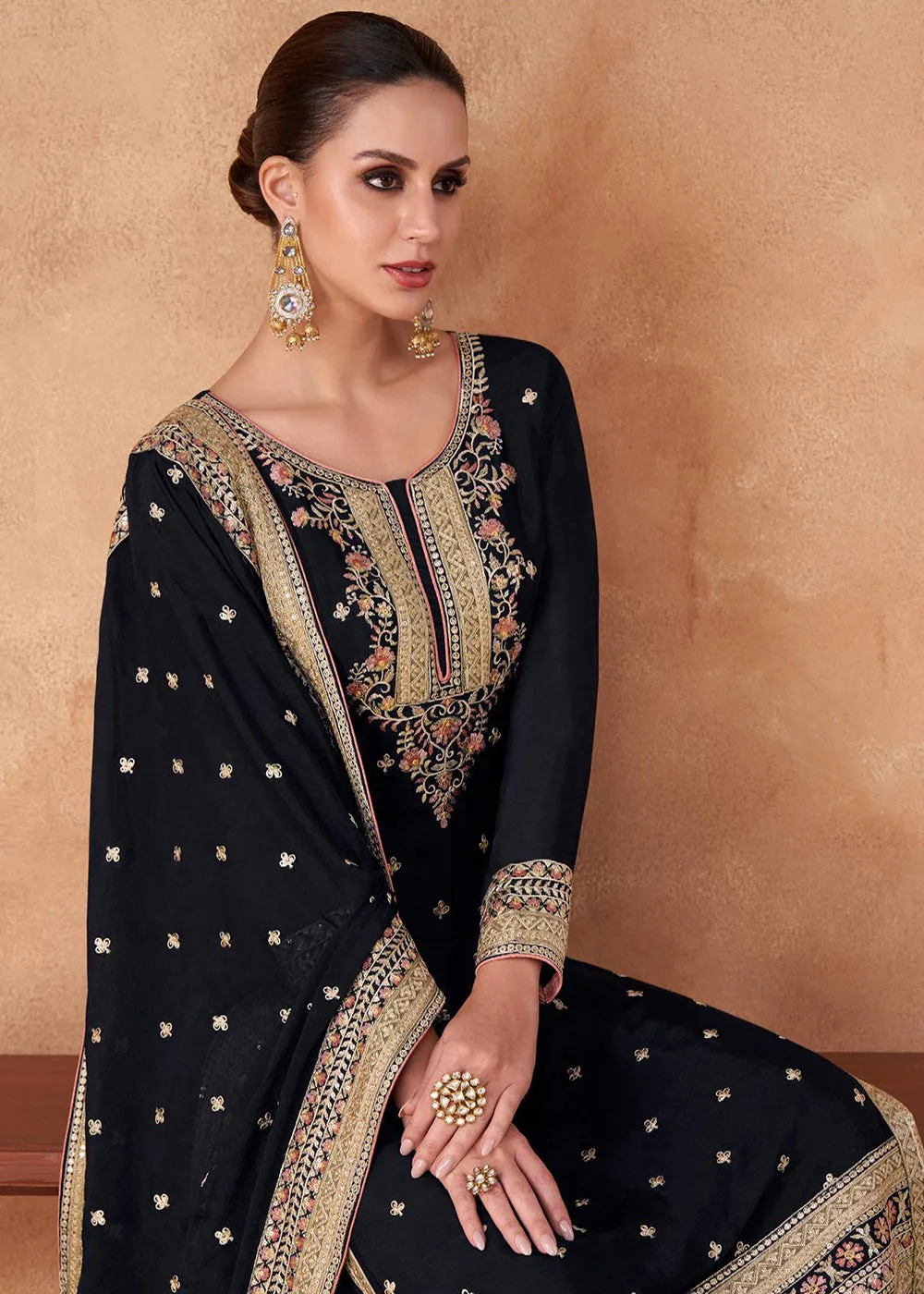 Palazzo Style Dark Blue Georgette & Chinon Salwar Suit