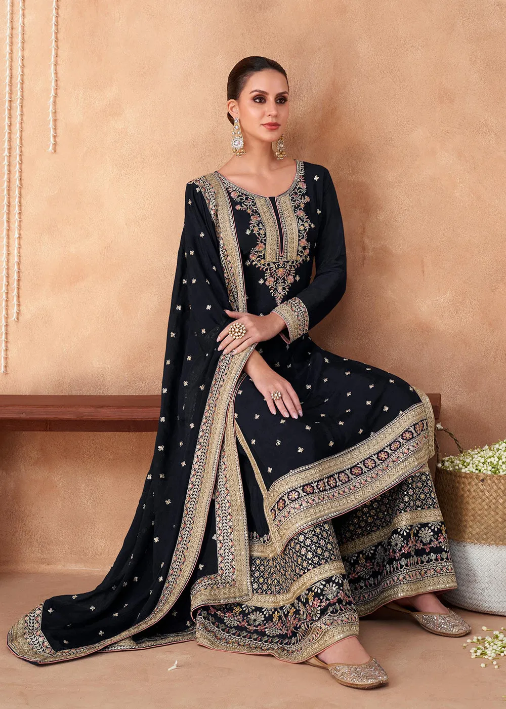 Palazzo Style Dark Blue Georgette & Chinon Salwar Suit