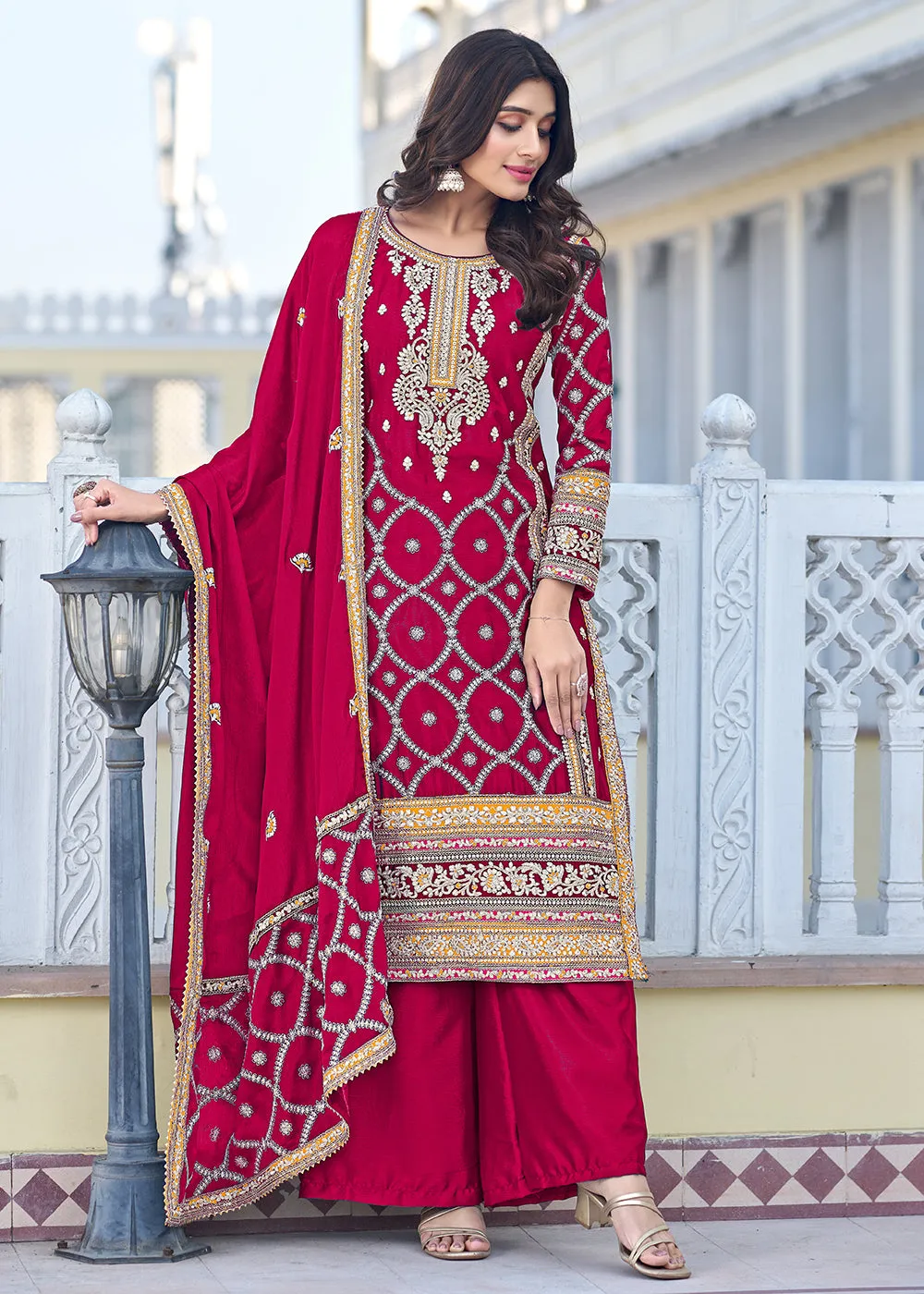 Palazzo Style Hot Pink Chinnon Embroidered Salwar Suit