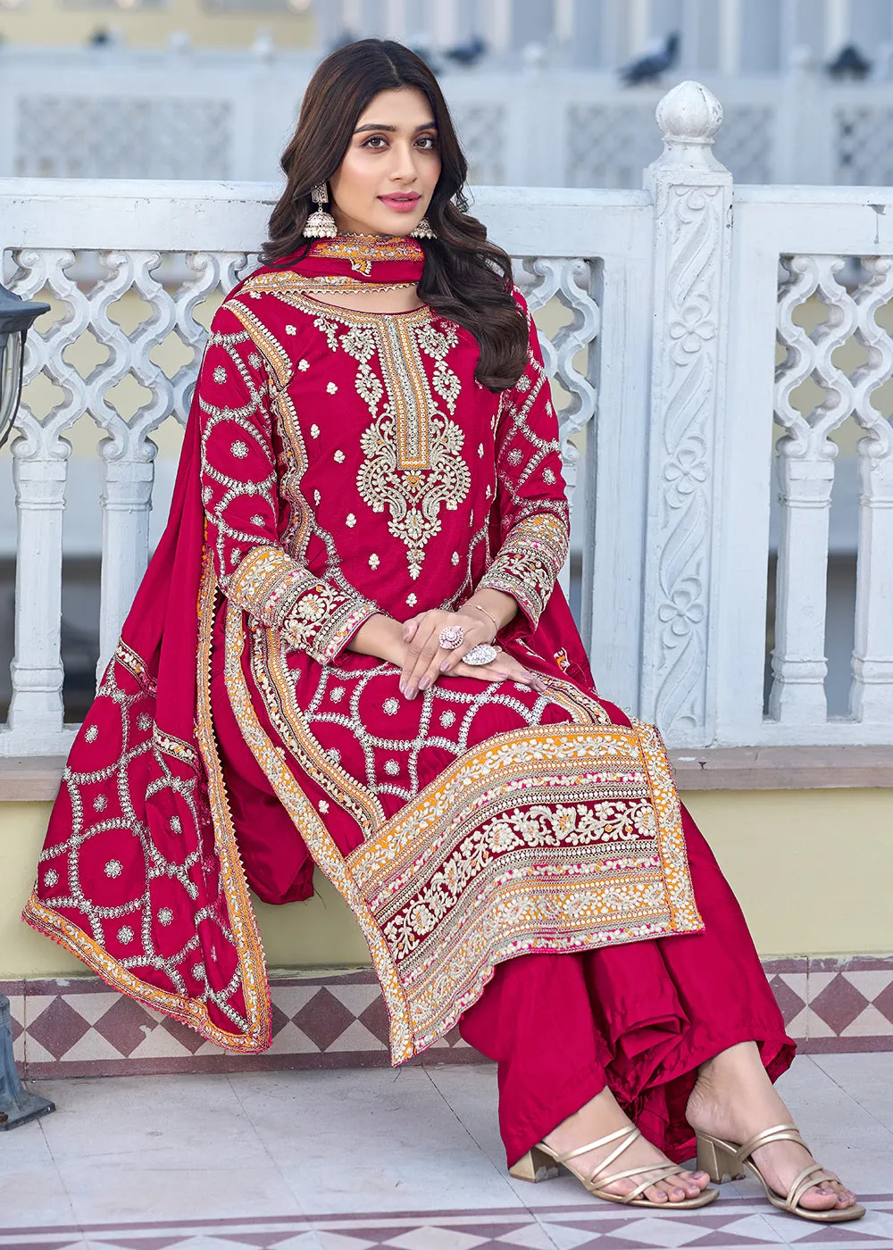 Palazzo Style Hot Pink Chinnon Embroidered Salwar Suit