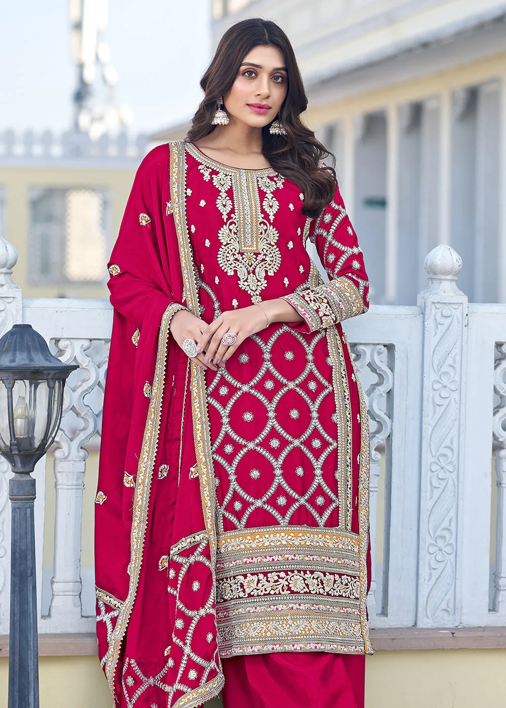 Palazzo Style Hot Pink Chinnon Embroidered Salwar Suit