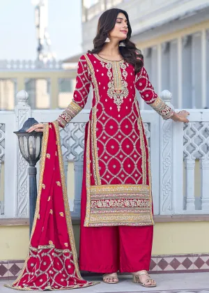 Palazzo Style Hot Pink Chinnon Embroidered Salwar Suit