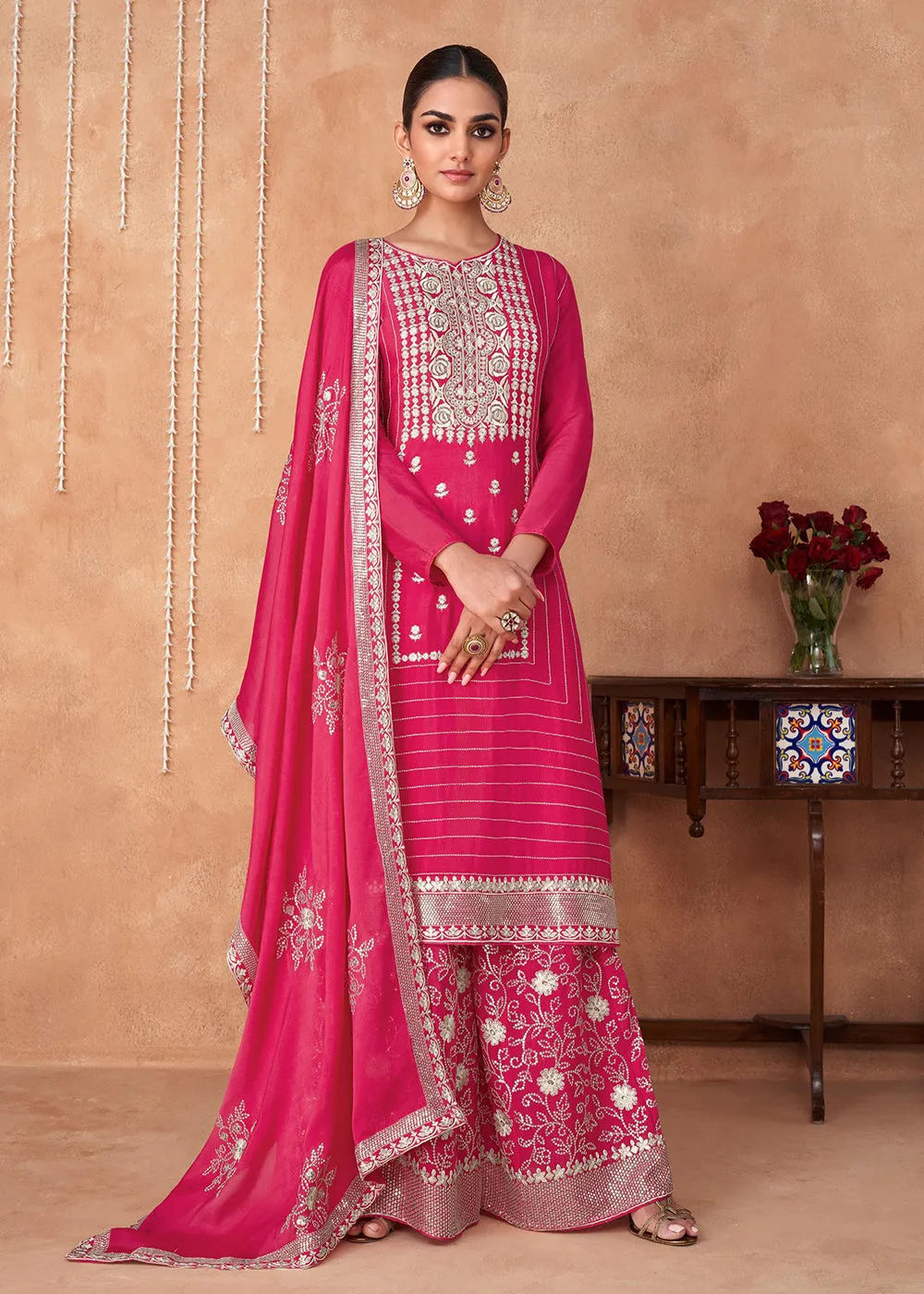 Palazzo Style Hot Pink Georgette & Chinon Salwar Suit