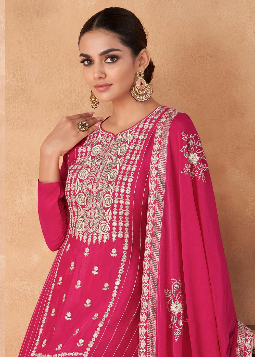 Palazzo Style Hot Pink Georgette & Chinon Salwar Suit