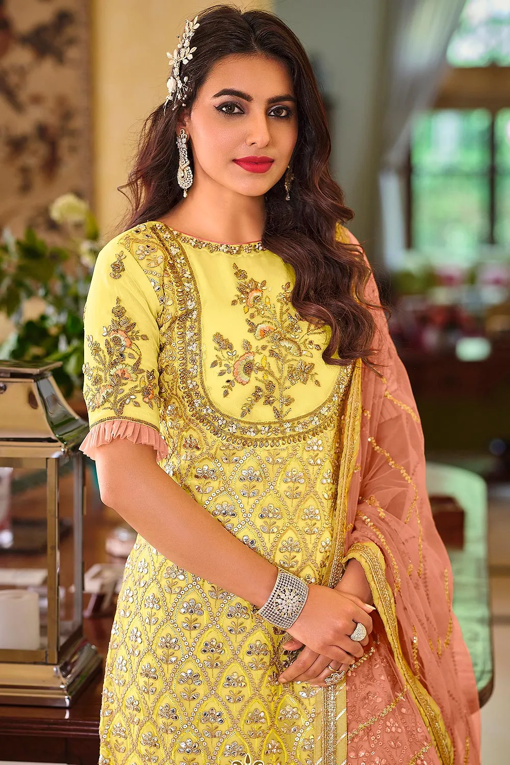 Palazzo Style Lemon Yellow Embellished Georgette Suit