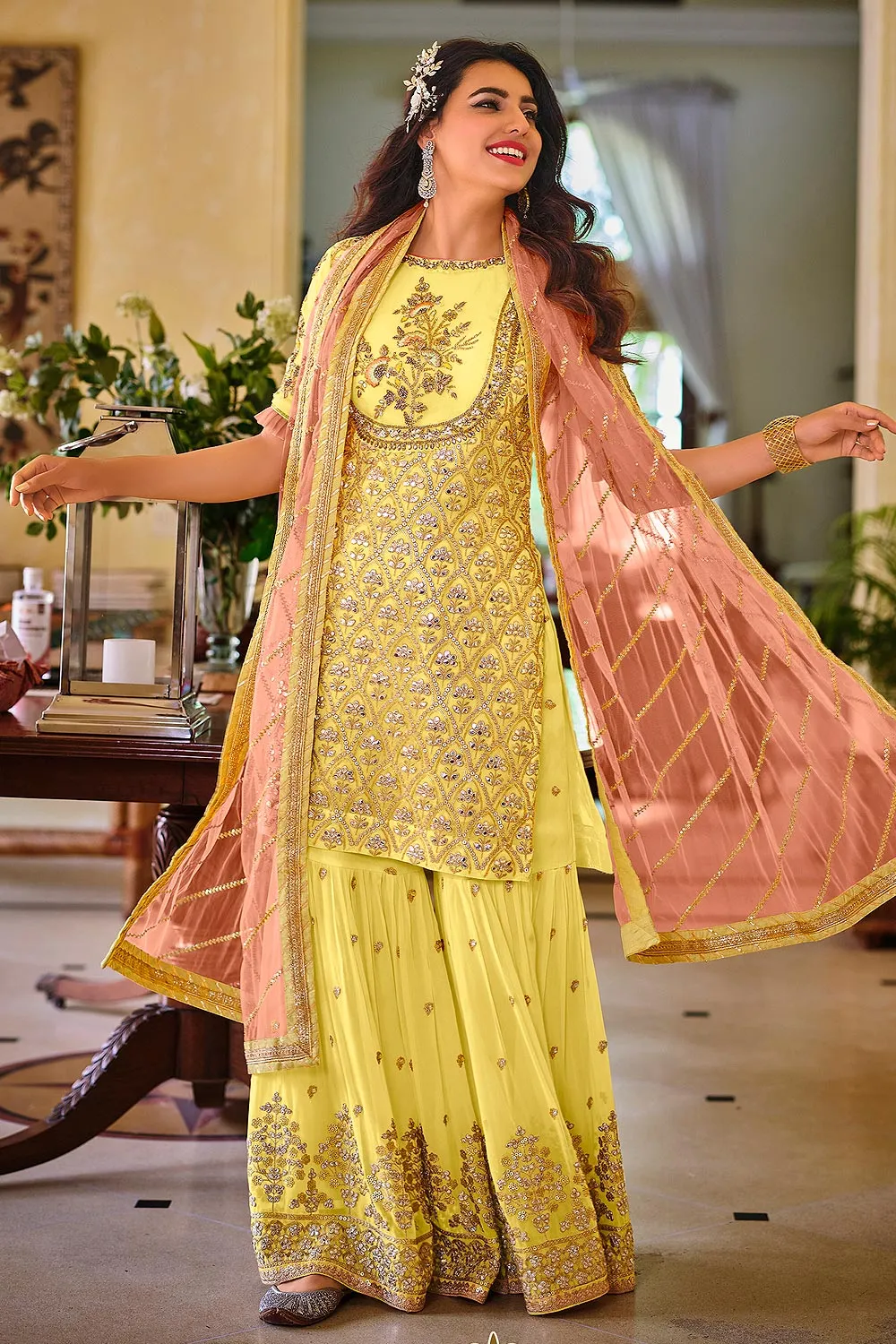 Palazzo Style Lemon Yellow Embellished Georgette Suit