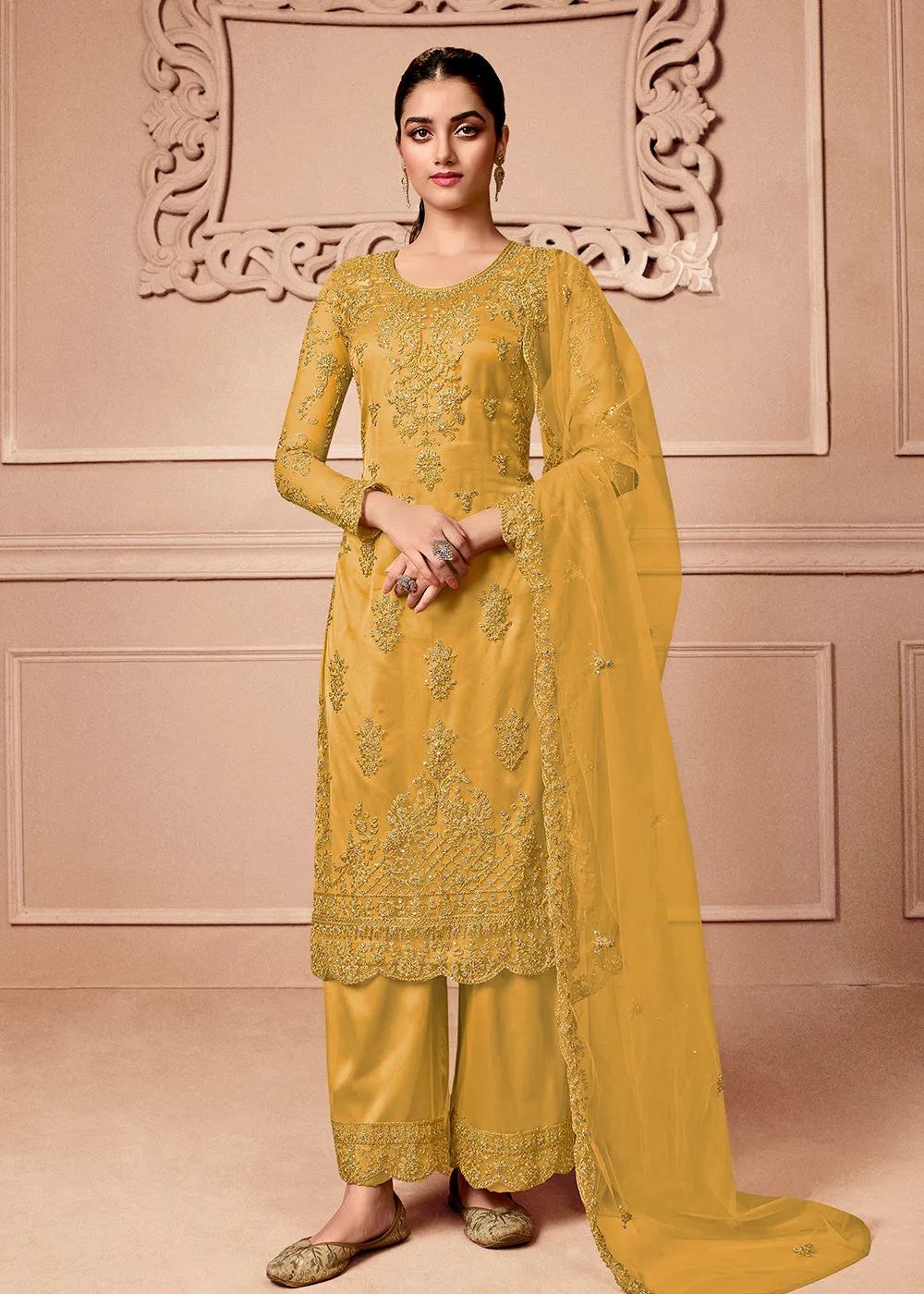 Pant Style Haldi Yellow Embroidered Wedding Salwar Suit