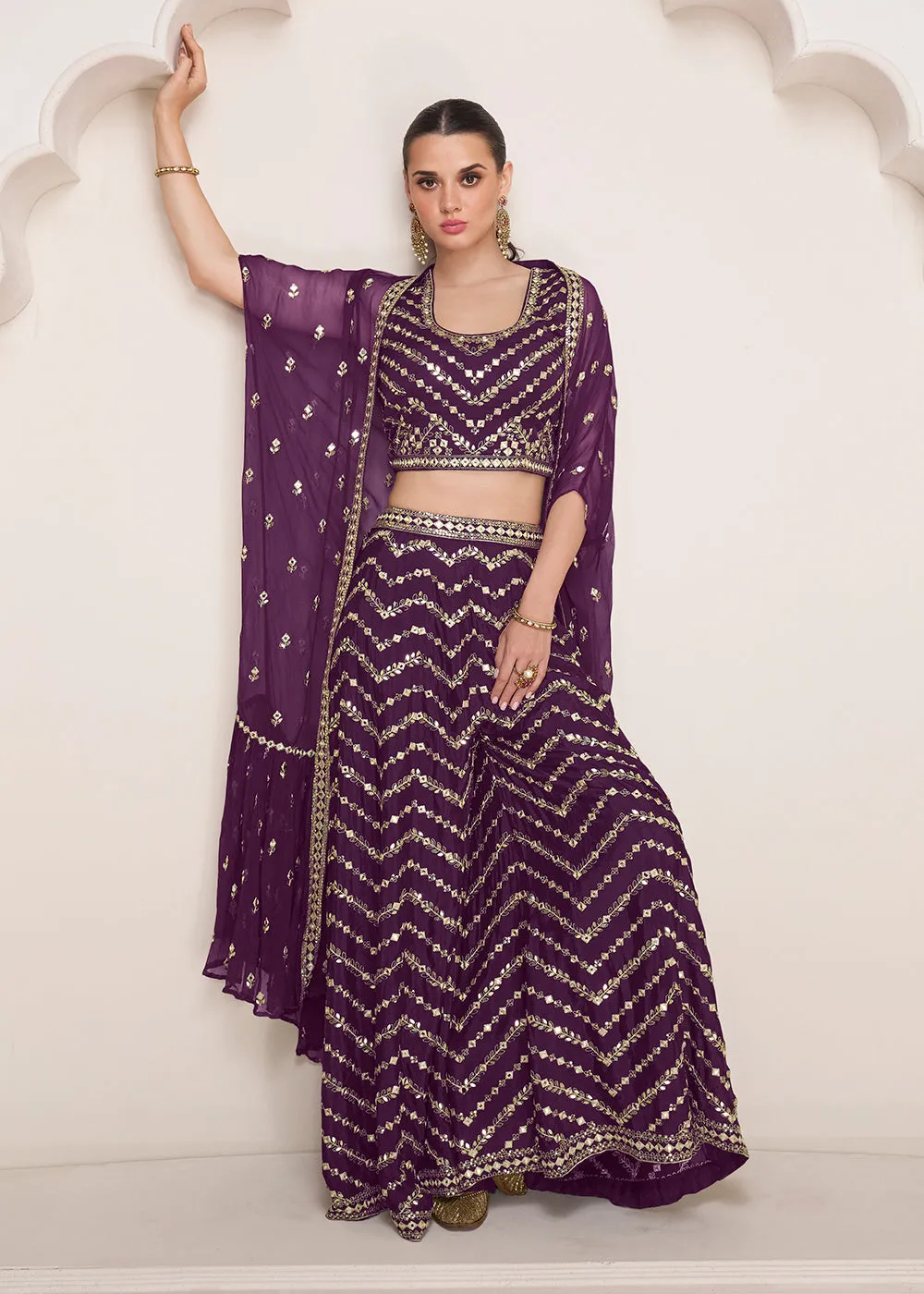 Party Plum Purple Embroidered Crop Top Style Sharara Suit