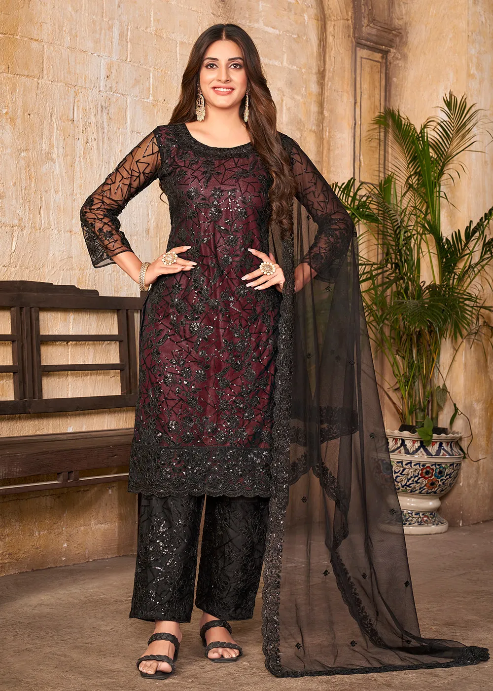 Party Wear Maroon Embroidered Net Pant Style Suit