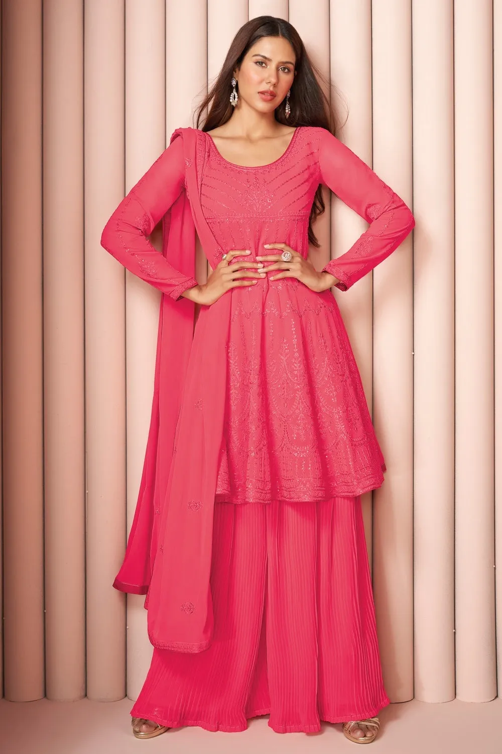 Party Wear Soothing Pink Palazzo Style Salwar Suit