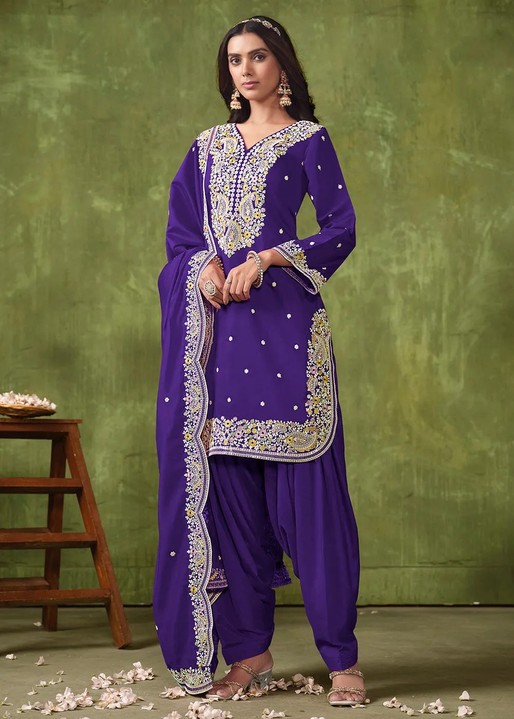 Patiala Style Violet Chanderi Silk Punjabi Salwar Suit