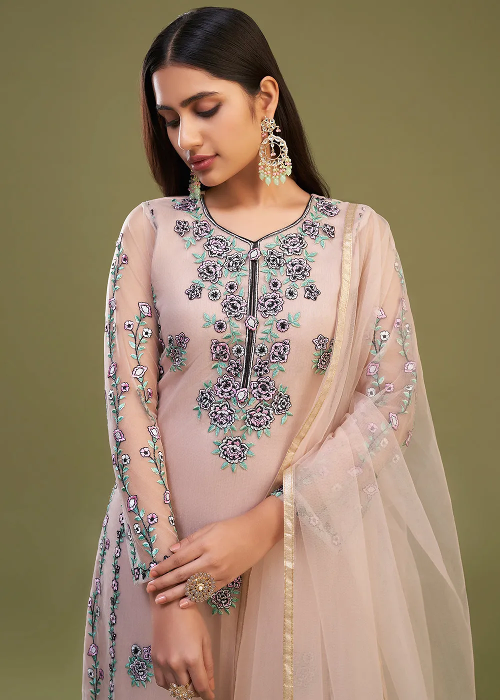 Peach Multi Thread Embroidered Net Salwar Suit