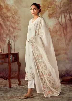 Pearl White Russian Silk Embroidered Pant Style Salwar Kurta