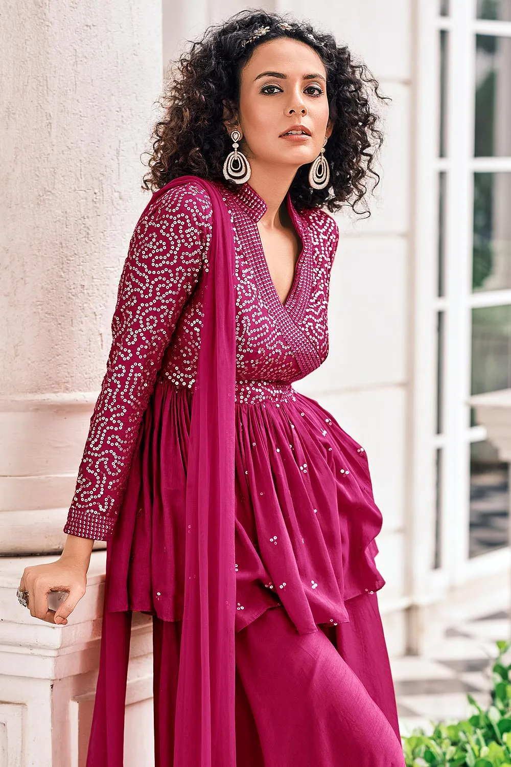 Peplum Style Hot Pink Viscose Palazzo Suit