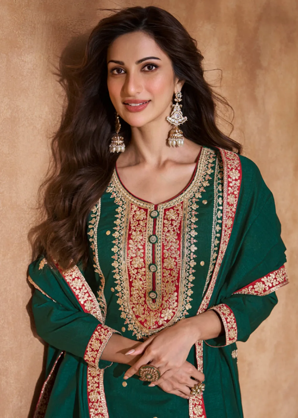 Pine Green Premium Silk Designer Palazzo Style Suit