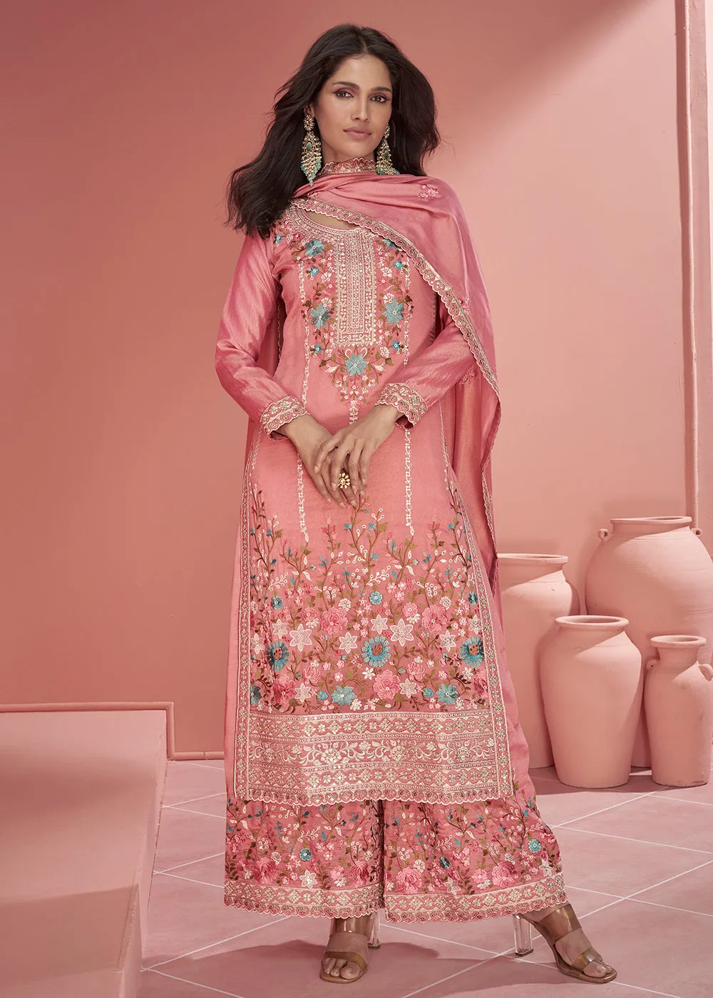 Pink Organza Simar Silk Embroidered Palazzo Style Suit