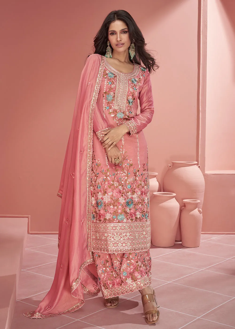 Pink Organza Simar Silk Embroidered Palazzo Style Suit