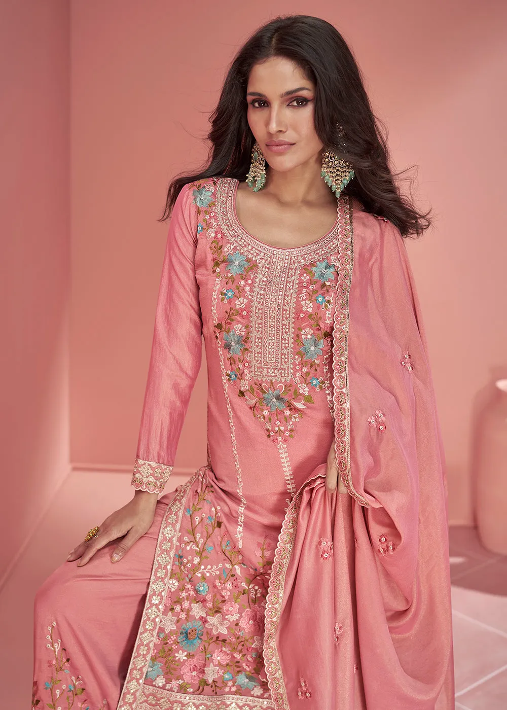 Pink Organza Simar Silk Embroidered Palazzo Style Suit