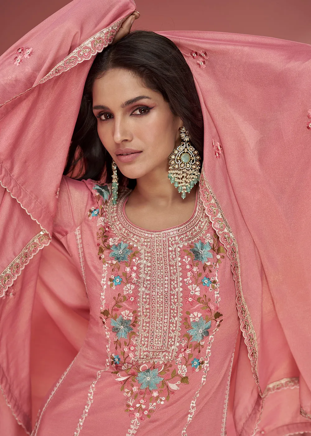 Pink Organza Simar Silk Embroidered Palazzo Style Suit