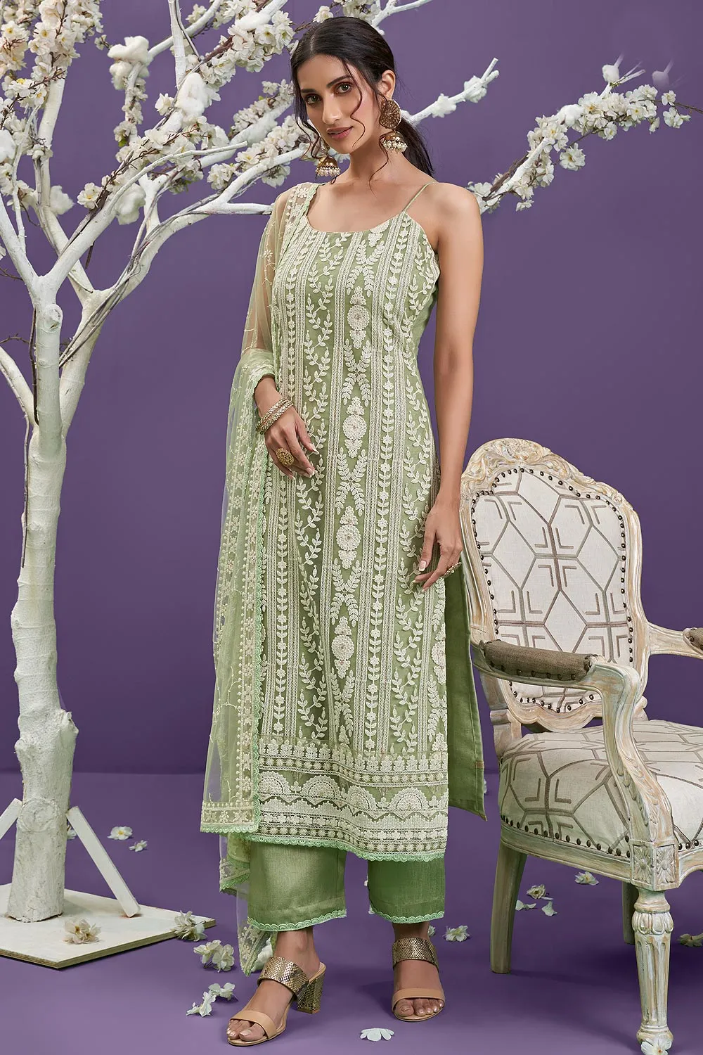 Pista Green Lucknowi Chikankari Embroidered Pant Style Suit