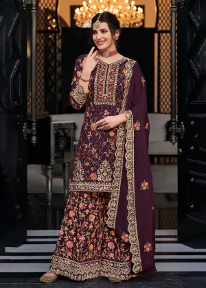 Plum Chinon & Georgette Designer Palazzo Salwar Suit