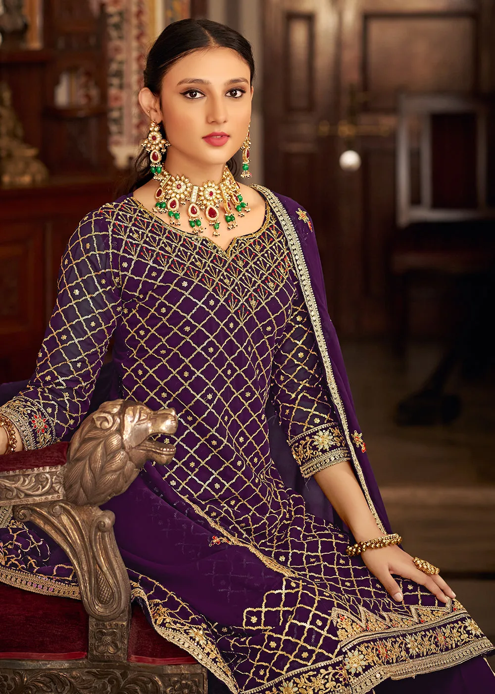 Plum Purple Embroidered Designer Festive Palazzo Suit