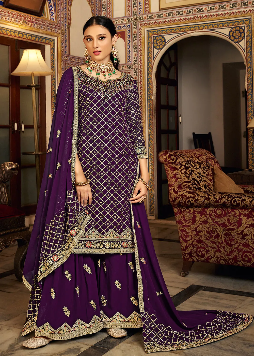 Plum Purple Embroidered Designer Festive Palazzo Suit