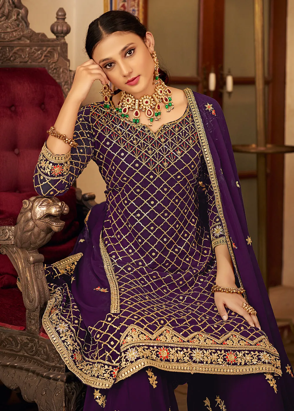 Plum Purple Embroidered Designer Festive Palazzo Suit