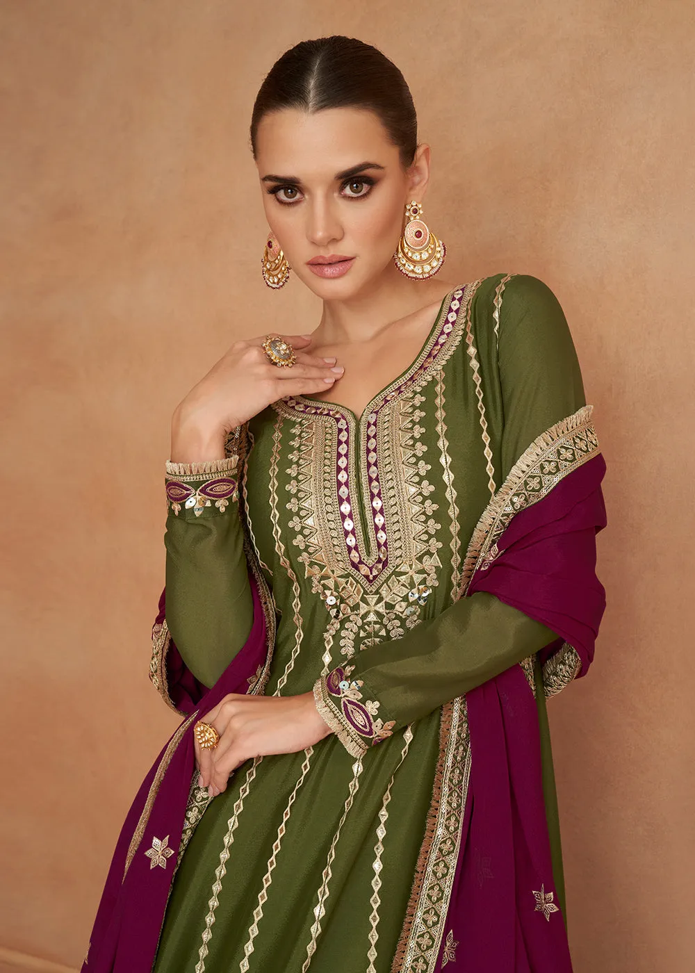 Premium Chinnon Mehndi Green Punjabi Style Salwar Suit