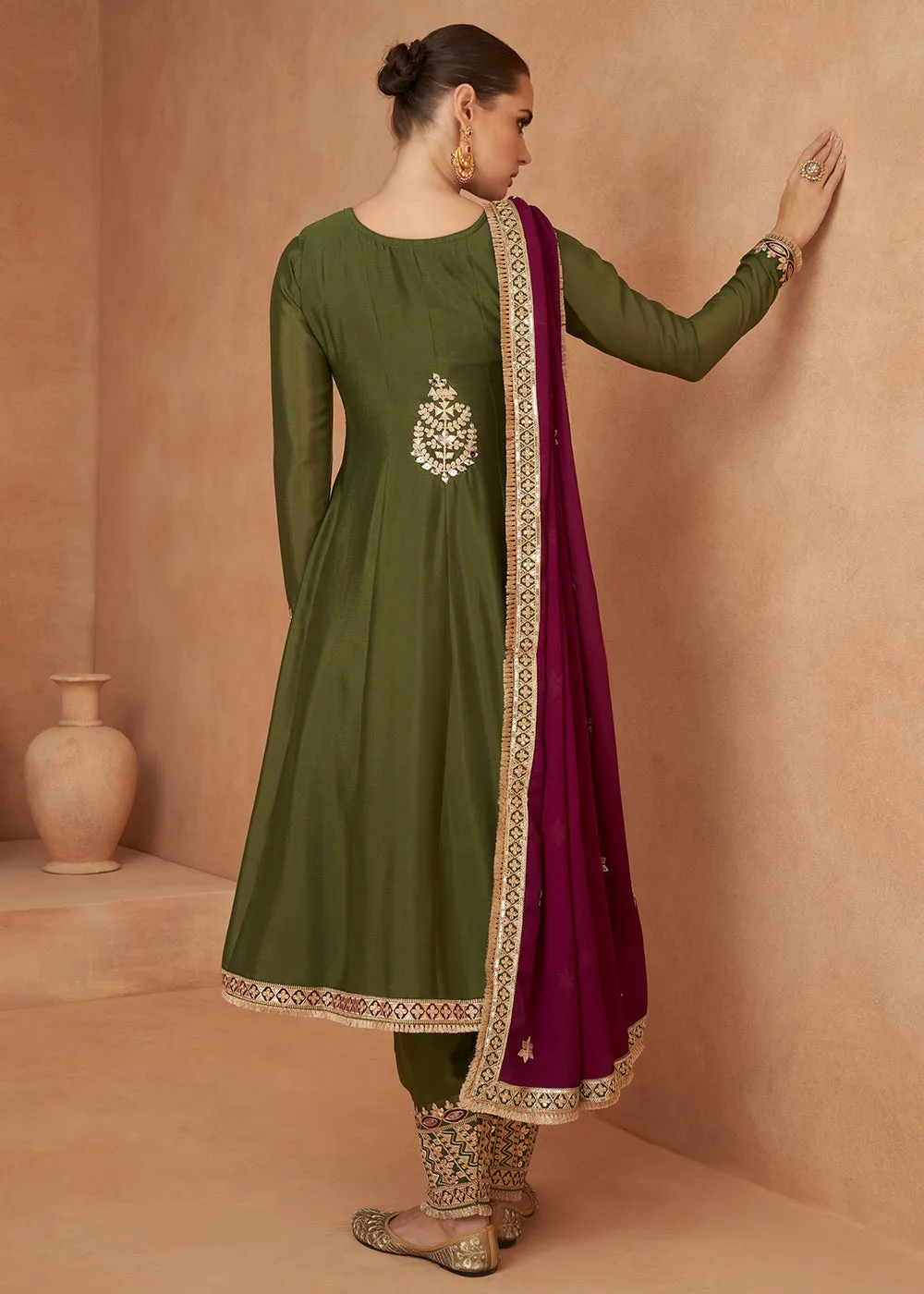 Premium Chinnon Mehndi Green Punjabi Style Salwar Suit