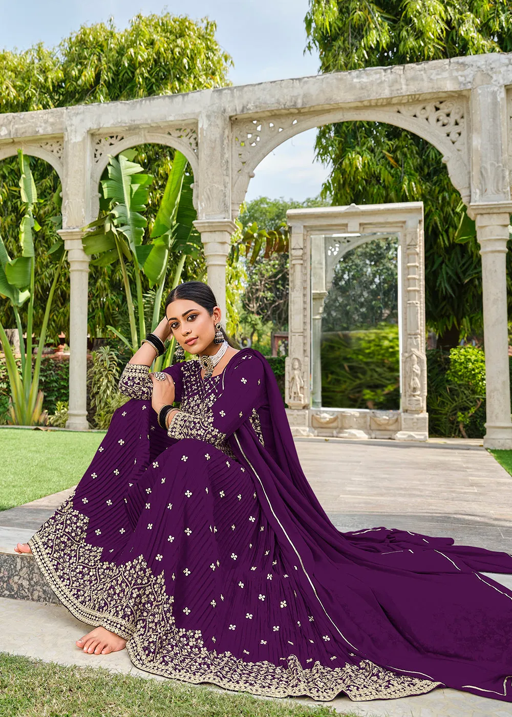 Premium Georgette Purple Sequins & Crushed Wedding Festive Palazzo Suit