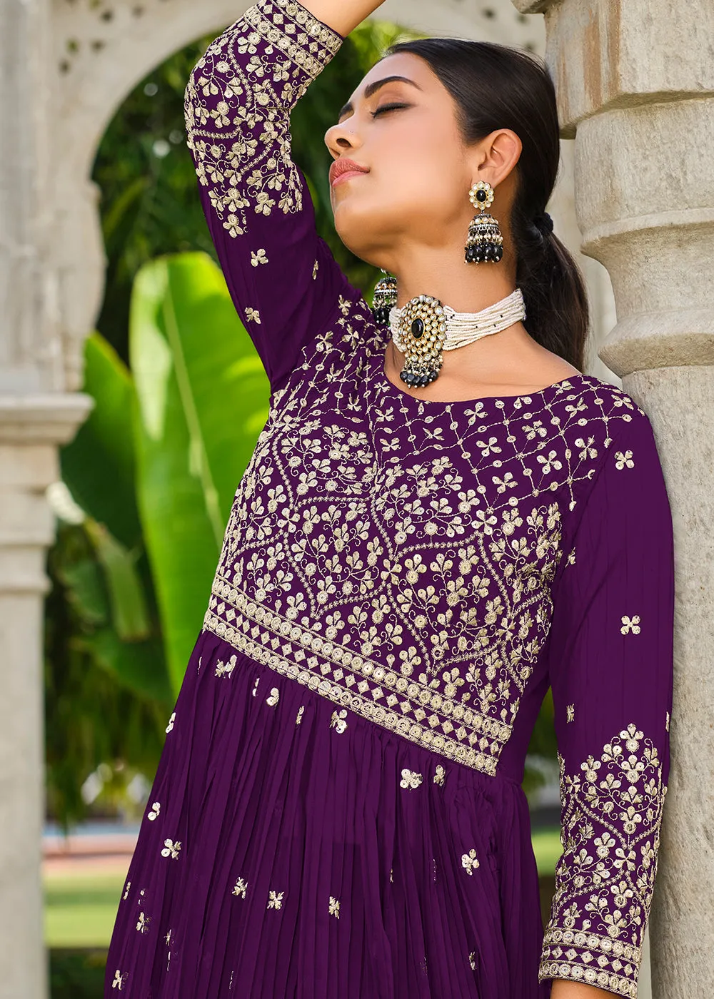 Premium Georgette Purple Sequins & Crushed Wedding Festive Palazzo Suit