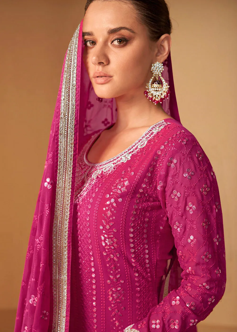 Pretty Hot Pink Sequins Embroidered Sharara Style Suit