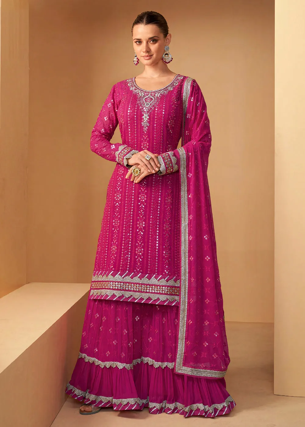 Pretty Hot Pink Sequins Embroidered Sharara Style Suit