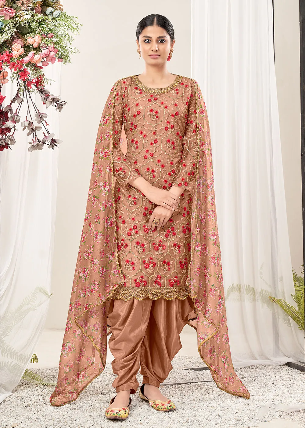 Pretty Peach Festive Look Net Patiala Salwar Suit