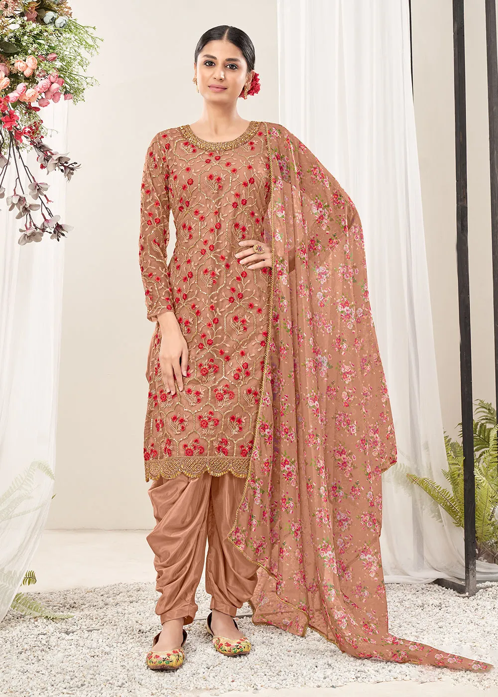 Pretty Peach Festive Look Net Patiala Salwar Suit