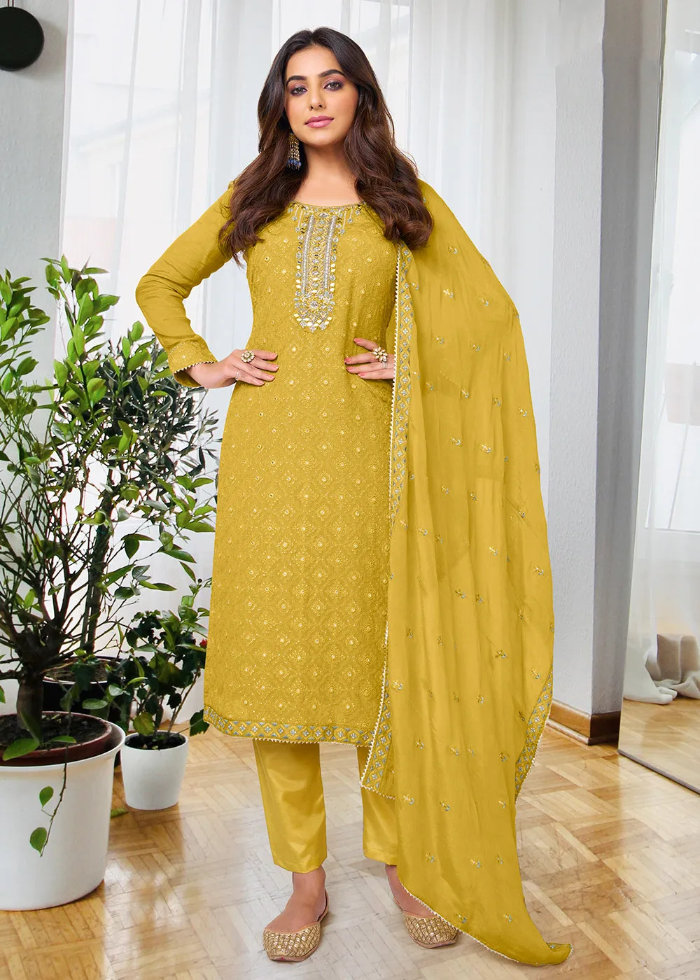 Pretty Sunny Mustard Beautifully Embroidered Trendy Salwar Kameez